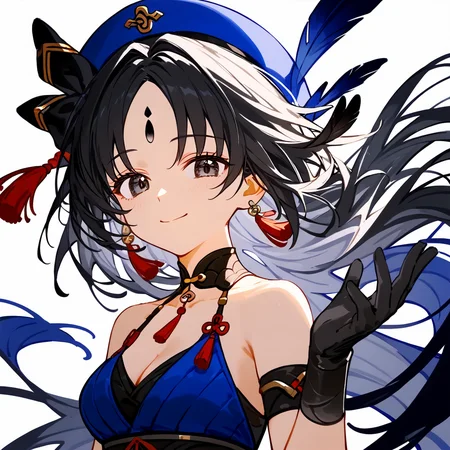 1girl,
yangyang \(wuthering waves\),
solo, rating safe, black gloves, choker, closed mouth, cleavage, looking at viewer, forehead, blue hat, black hair, black choker, bare shoulders, black eyes, white background, medium breasts, smile, hat, bow, simple background, collarbone, upper body, hair bow, armlet, long hair, gloves, tassel, breasts, feathers, half gloves, tessen, parted bangs,
score_9, score_8_up, score_7_up, score_6_up
<lora:mki-pony-yangyang-v2:1>