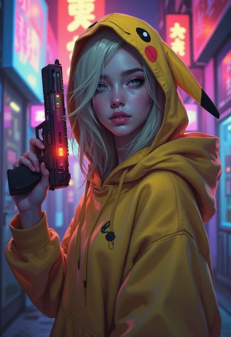 OBxiaoxiang, A digital painting in the style of ck-js,  closeup side-portrait of a stunning chinese cyberpunk woman, wearing a pikachu hoodie, blonde hair peeking our from the hood, holding a futuristic blaster pistol, on a neon-lit cyberpunk alley