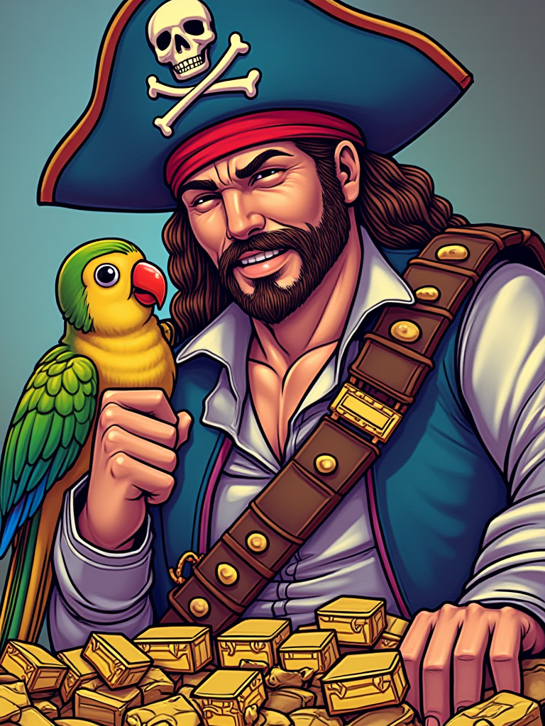 WAB Style digital drawing of Pirate captain and his parrot, many gold and silver treasures