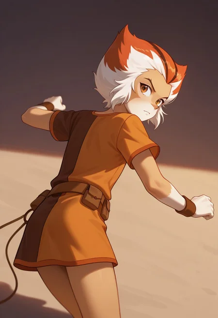 1boy, male focus, cute boy, Wilykat, Two-tone fur, Two-tone hair, orange hair, white hair, black streaks in hair, amber eyes, feline eyes, Two-tone tunic, Orange and brown tunic, wristbands, Belt, Pouches, looking back, from behind, cinematic, intricately detailed illustration, depth of field, masterpiece, best quality, amazing quality, very aesthetic, absurdres, newest, very awa, shadow, dynamic angle, casual cosplay, dynamic pose, action pose,