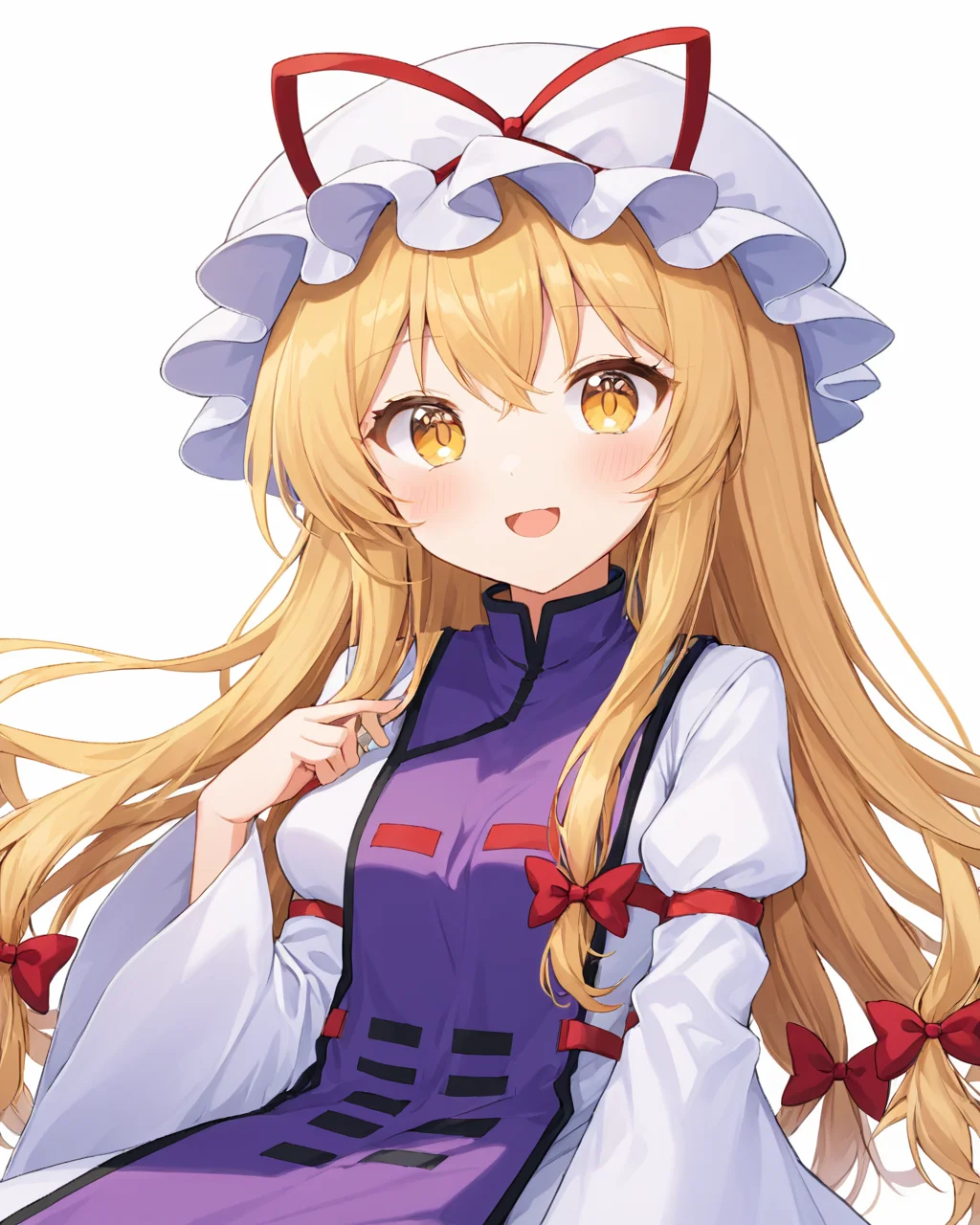 yakumo yukari,1girl, solo, gap_\(touhou\), open_mouth, mob_cap, white_background, simple_background, red_ribbon, white_headwear, looking_at_viewer, dress, red_bow, wide_sleeves, long_sleeves, tabard, hair_bow, hat_ribbon, teeth, upper_body, hands_up, blush, :d
<lora:yakumo_yukari_image6089_2023-12-20-000007:1>,star-shaped_pupils,symbol-shaped_pupils,. gorgeous,key visual, vibrant, studio anime,award-winning, professional, highly detailed,high budget, cinemascope