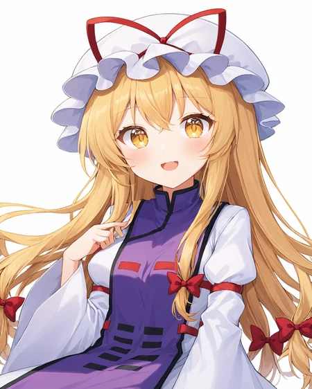 yakumo yukari,1girl, solo, gap_\(touhou\), open_mouth, mob_cap, white_background, simple_background, red_ribbon, white_headwear, looking_at_viewer, dress, red_bow, wide_sleeves, long_sleeves, tabard, hair_bow, hat_ribbon, teeth, upper_body, hands_up, blush, :d
<lora:yakumo_yukari_image6089_2023-12-20-000007:1>,star-shaped_pupils,symbol-shaped_pupils,. gorgeous,key visual, vibrant, studio anime,award-winning, professional, highly detailed,high budget, cinemascope