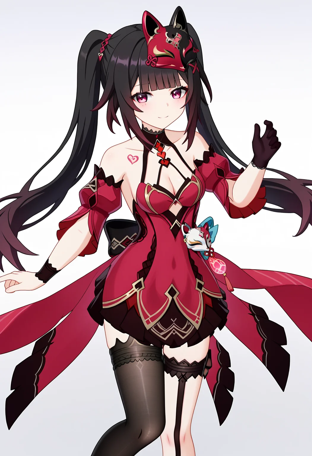 score_9, score_8_up, score_7_up, source_anime,
BREAK
1girl, solo,
<lora:shiSparkleV2:1>,
shisparklehonkai,
long hair, black hair, red eyes, multicolored hair, twintails, hair ornament, black fox mask,
alternate costume, red and black dress, red dress, cleavage, bare shoulders, detached sleeves, tattoo,
single glove,
black thighhighs, single thighhigh, asymmetrical legwear, uneven legwear, mismatched legwear,
looking at viewer, smile,