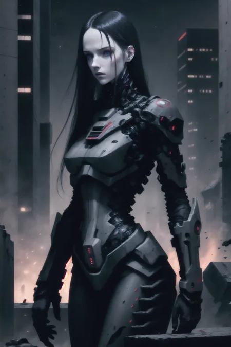 dark colors,RAW photo,realistic,detailed,8k uhd, dslr,sharp,volumetrics dtx, highly detailed,soft lighting,cibo (normal), hair, cyborg, portrait, detailed face, pale skin, tubes, concrete, mega structures, giant buildings ,decrepit scenery, debris, <lora:blamev2:0.7>