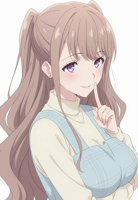 i7hs, 1girl, purple eyes, long hair, brown hair, two side up, light yellow sweater, turtleneck, blue checkered pinafore dress, jewelry, earrings, anime screencap,
big breasts, masterpiece, best quality, high resolution,
(white background), (seductive smile:1.5), from side, blush, looking at viewer, arms under breasts, shushing,