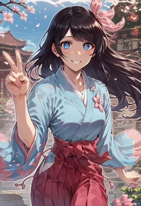 score_9, score_8_up, score_7_up, score_6_up, score_5_up, score_4_up, sexy girl, detailed face, sexy,
Expressiveh, Sakura_Amamiya,black_hair,Blue_eyes,blue_kimono,hair_ribbon,pink_hakama,japanese_clothes, solo, solo female, garden, frontal view, looking at viewer, smile, V, happy, 5 fingers, semi-real, (anime round eyes),