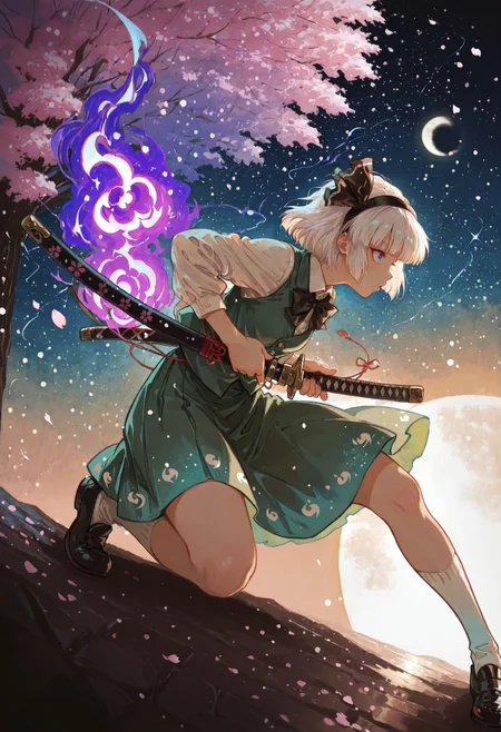safe_pos, source_anime, high res image, (masterpiece:1.2), best quality, very awa, absurdres, perfect quality, newest, highres, (4k, 8k, Ultra HD), (ultra-detailed:1.2), very aesthetic, sharp focus, depth of field, ray tracing, best lighting, detailed illustration, detailed background, scenic, cinematic, glowing particles, shinny, glitter,
BREAK
konpaku youmu, 1girl, solo, white hair, short hair, blunt bangs, blue eyes, hairband, hair ribbon, black ribbon, black bowtie, white shirt, collared shirt, green vest, green skirt, socks, beautiful face, beautiful eyes, detailed eyes, glossy lips, glossy hair, (full body:1.1), (release particles light:1.1), (floating particle light:1.1), purple glowing aura body, purple magic array, accurate anatomy, ultra detailed face, luminous ghost,
BREAK
katana, (detailed katana:1.2), sheath, drawing a katana, unsheathing a katana, (battoujutsu stance:1.1), dynamic pose, fighting stance, ready to draw,
BREAK
cherry blossom tree, cherry blossoms, blowing in the wind, windy, midnight, dark background, moon light, (soft lighting:1.1), stars, pastel colors, gradient color, tense atmosphere, warm tone, soft fill light, (ambient light), (dynamic light), vivid colors, high contrast, bright face, illuminated face, cinematic angle, dutch angle, dynamic angle