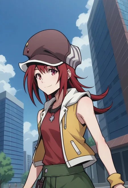 score_9, score_8_up, score_7_up, source_anime, highly detailed,
shikimisaki, 1girl, solo, hat, cabbie hat, red hair, red eyes, jacket, yellow jacket, sleeveless jacket, open jacket, open clothes, red shirt, wristband, yellow wristband, smile, green skirt,
outdoor, street, building, sky, cloud,