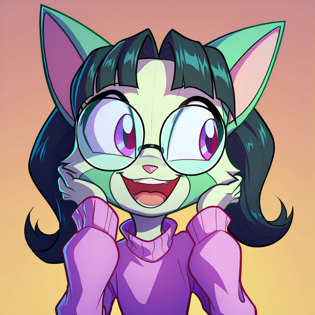 score_9, score_8_up, score_7_up,
Dreamkeepers,lilith_calah, ,1girl,solo,smile,open mouth,simple background,black hair,animal ears,purple eyes,glasses,cat ears,happy,white fur,animal nose,green hair,
,<lora:dreamkeepers_multiple_Characters:0.8>,