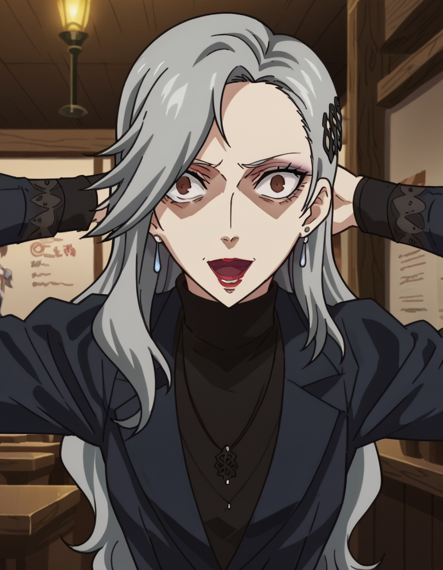 score_9, score_8_up, score_7_up, source_anime, <lora:sae-niijima-s1-ponyxl-lora-nochekaiser:1>, sae niijima, long hair, hair ornament, brown eyes, grey hair, makeup, lipstick, mole under mouth, red lips, medium breasts, mature female, anime screencap, long sleeves, jewelry, jacket, earrings, pants, necklace, coat, turtleneck,, tavern, drinks, rustic, friends, old, smile, <lora:shocked-black-guy-ponyxl-lora-nochekaiser:1> shocked black guy, open mouth, looking at viewer, hands behind head, shaded face,, looking at viewer, solo,, dutch angle, cowboy shot