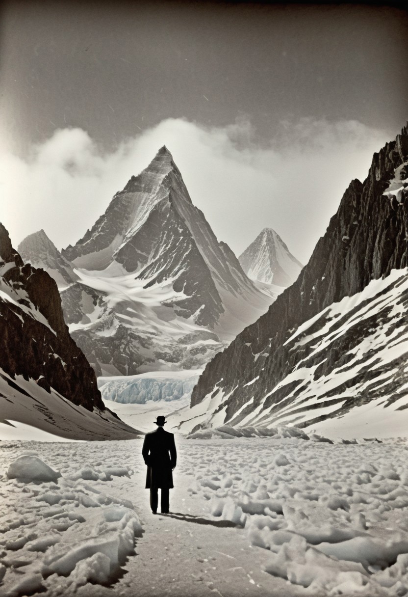 antique photo of mountain range in the distance, ice covered jagged mountain peaks, eerie atmosphere, lonely weanderer looking into the distance,  at the mountains of madness, , lovecraft horror