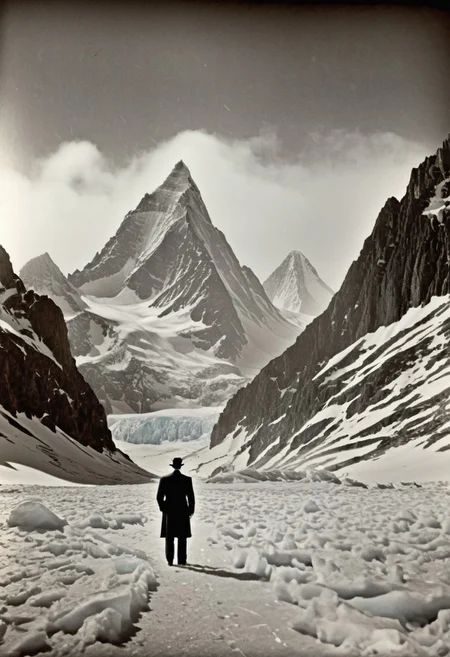 antique photo of mountain range in the distance, ice covered jagged mountain peaks, eerie atmosphere, lonely weanderer looking into the distance, at the mountains of madness, , lovecraft horror