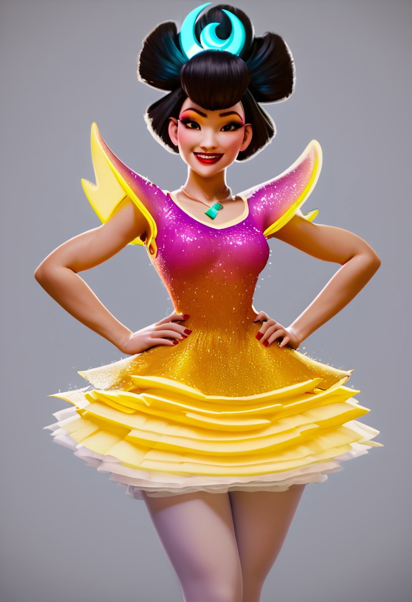 chang'e_show, 1girl, asian, geisha hair (black hair, multiple hair buns), hair ornament (moon shape), big eyelashes, brown eyes, makeup, red eyeshadow, red lipstick, red nails, necklace, big pink and yellow tutu (glitter), white pantyhose, light blue high heels, score_8_up, score_7_up, BREAK, 1girl, solo, looking at viewer, cute, smirk, contraposto, hands on hips, head tilt, female focus, looking at viewer, 4k, masterpiece, best quality, realistic, 3d, simple background,