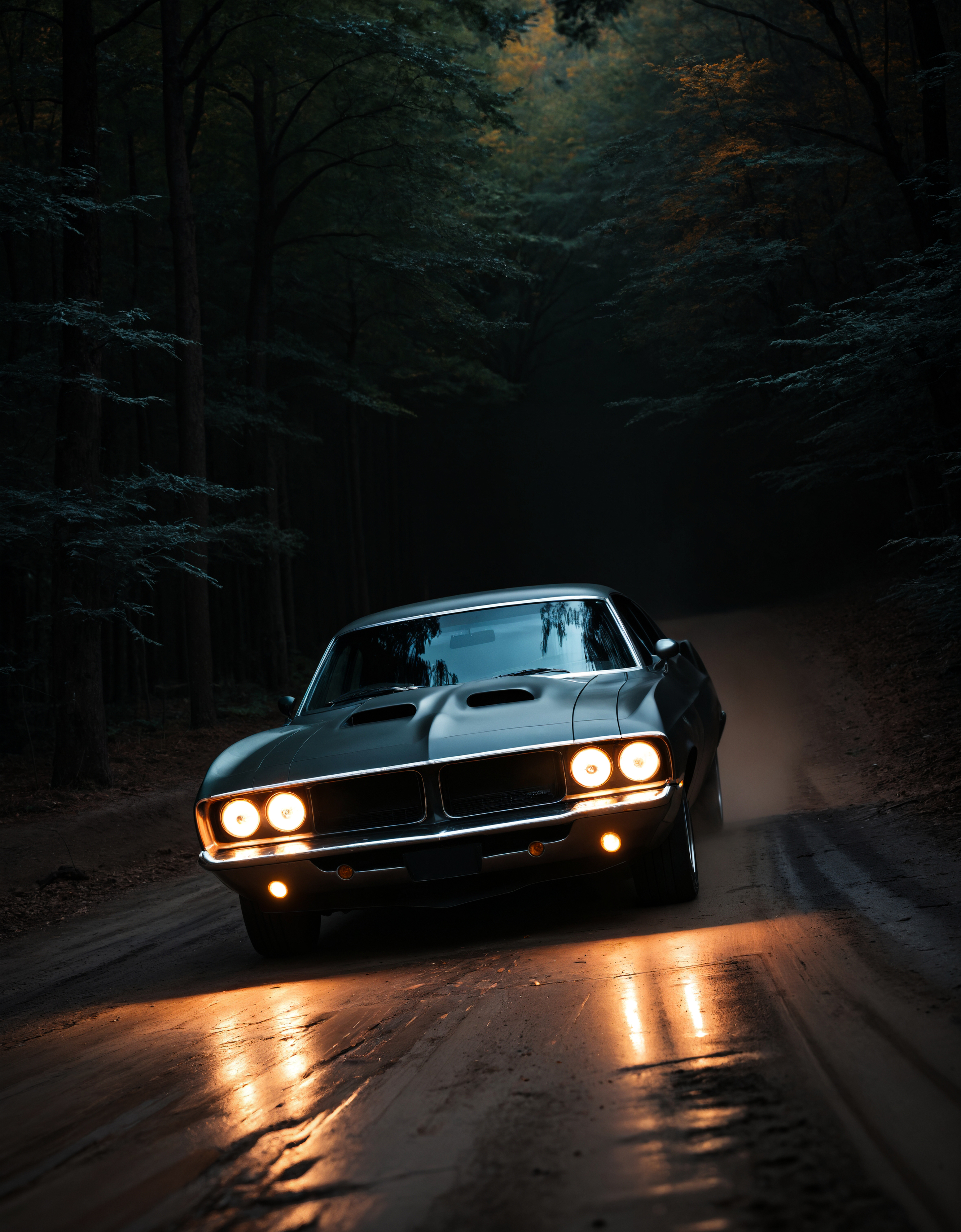 macro photo of a beautiful muscle car on a banked dirt road turning in the forest at (night), dark, (zavy-dtchngl), cinematic still, The Fast and the Furious movie screencap, dynamic,