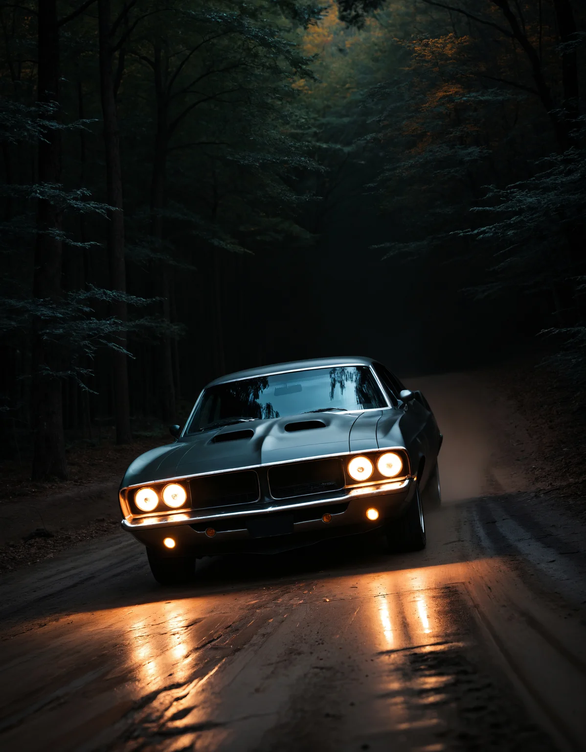macro photo of a beautiful muscle car on a banked dirt road turning in the forest at (night), dark, (zavy-dtchngl), cinematic still, The Fast and the Furious movie screencap, dynamic,