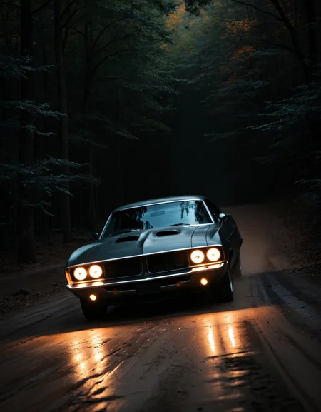 macro photo of a beautiful muscle car on a banked dirt road turning in the forest at (night), dark, (zavy-dtchngl), cinematic still, The Fast and the Furious movie screencap, dynamic,