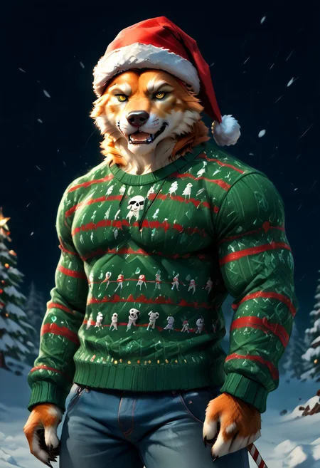 A massive male anthropomorphic bear looms in a snowy battlefield, muscles rippling beneath a hilariously tight, green-and-red-striped Christmas sweater covered in cartoonish snowmen and candy canes. A tattered Santa hat sits on his hulking head, barely staying in place atop his fluffy bear ears. His yellow eyes burn with aggression, and his sharp tusks protrude as he snarls menacingly at the viewer. In his colossal green hands, he wields a blood-drenched double-bladed axe, the blades chipped and stained with evidence of his previous battles. Despite the clear danger he poses, the ridiculousness of his festive attire contrasts sharply with his ferocious expression and the weapon, making him a comical yet intimidating presence
fluffy_new_year, merry_furistmas, monochrome, glow, neon, asdfm3cha, highres, (realistic:1.4), perfect sharpness, male (animal furry), very silky detailed fur, tail, paw, animal ears, neg prompt: lowres,