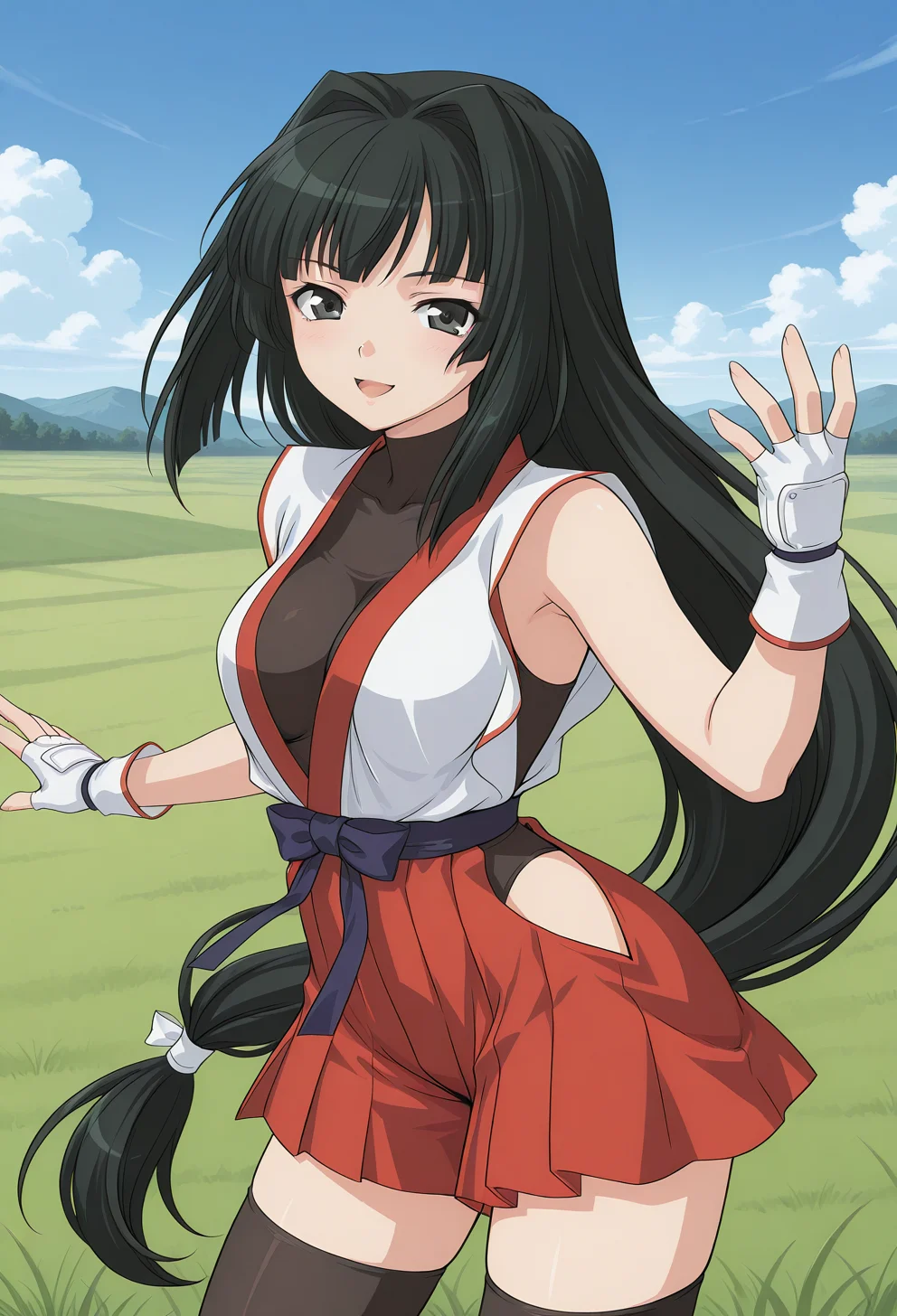 kusanagi_mikoto, black eyes, black hair, long hair, very long hair, low-tied long hair, hair intakes, fingerless gloves, covered collarbone, cleavage, japanese clothes, sleeveless, hakama skirt, red hakama, zettai ryouiki, black thighhighs, <lora:kusanagi_mikoto_illustrious_ver1:0.8>
smile, open mouth,, masterpiece, best quality, very aesthetic, absurdres, general,, 1girl, solo, blue sky, (grasslands:1.2), looking at viewer,, (cowboy shot, dynamic pose:1.4),
