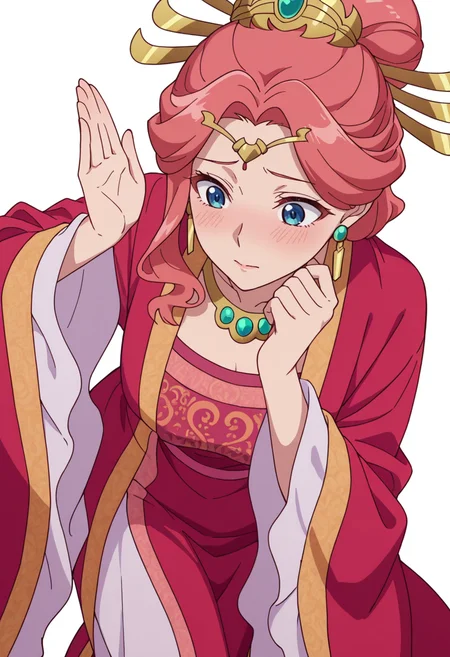 Smooth Quality,masterpiece,very intricate, high quality details, ultra realistic, high detailed skin,detailed enviorement,absurdres,
simple background, white background,solo,
from above,flustered,dancing,
<lora:Gyokuyou_CNR:0.8> gyokuyou_cnr, 1girl, red hair, pink hair, blue eyes, long hair,chinese clothes, dress, long sleeves, wide sleeves,earrings, necklace, jewelry