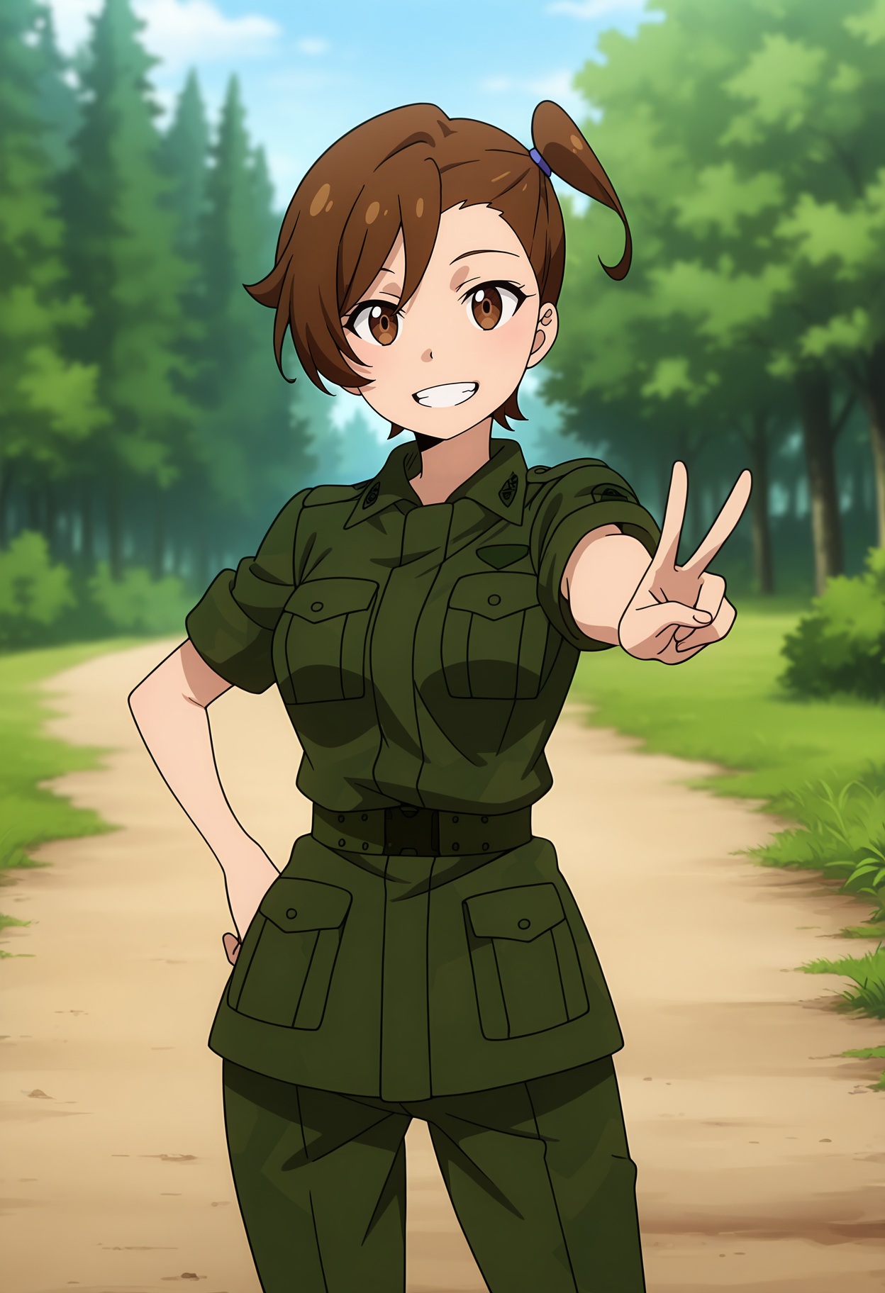 anime screencap, masterpiece, best quality,
<lora:GATE_KuribayashiShino_IlluXL:0.9>,
1girl, solo, grin, teeth, light smile,
asymmetrical hair, short hair, brown hair, brown eyes, side ponytail, hair tie,
military uniform, green shirt, short sleeves, dark green belt, green pants,
outstreched arm, v, hand on own hip,
standing, looking at viewer, cowboy shot,
outdoors, forest, foliage, dirt road, blue sky, day, blurry background