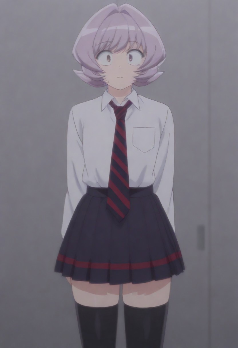 masterpiece, best quality, amazing quality,,, shiny skin,,,,,<lora:Osana_Najimi_cnn:0.8> osananajimicnn,,short hair, brown eyes,androgynous, light purple hair, school uniform, white shirt, striped necktie,striped skirt, pleated skirt,black thighhighs,