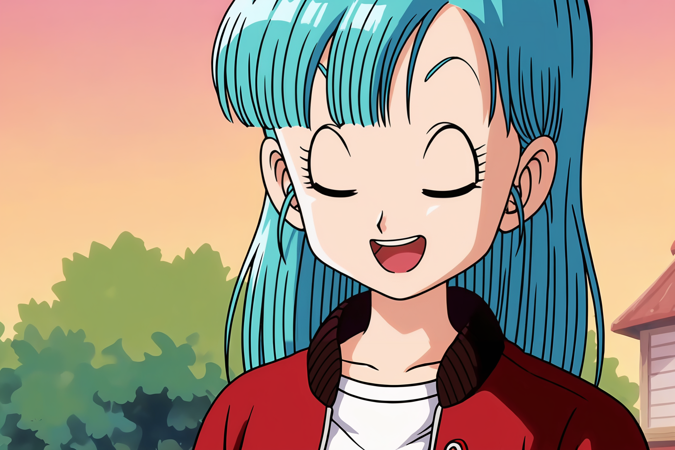 source_anime, score_9, score_8_up, score_7_up, anime screencap, absurdres,
source anime, score 9, bulma \(dragonball\), official style, 1girl, solo, long hair, smile, open mouth, closed eyes, sky, ^ ^, close-up, aqua hair, red jacket, white shirt, collarbone
<lora:DB_Bulma_v1:0.8>