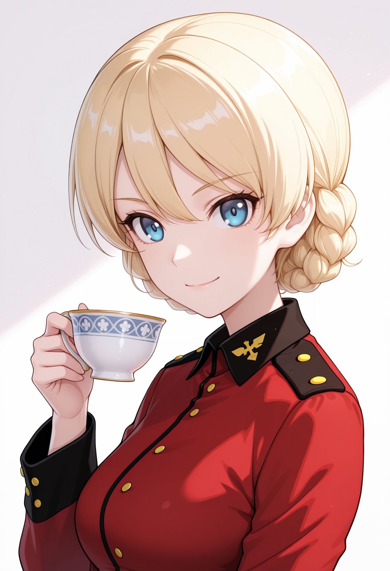 masterpiece,best quality,absurdres,highres,very aesthetic,high quality,detailed,insanely detailed,beautiful,perfect lighting, looking at viewer,
 <lora:Darjeeling illu :0.9>1girl, st. gloriana's military uniform, blonde hair, epaulettes, braid, smile, white background, looking at viewer, holding cup, teacup, upper body, red jacket, short hair, long sleeves, simple background, blue eyes, closed mouth,
