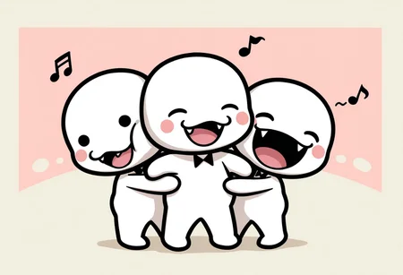 ch0rus_RH, 3boys, clone, multiple boys, lineup, no nose, white skin, solid circle eyes, black eyes, :3, smile, open mouth, fangs, tongue, masterpiece, absurdres, amazing quality, ultra-detailed, best quality, miniperson, short, no humans, chibi, black bowtie, hands up, full body, blush stickers, slightly chubby, music note, group hug, one eye closed, closed eyes, laughing, happy, cute,
BREAK
simple background, abstract background, shadow, detailed shading,