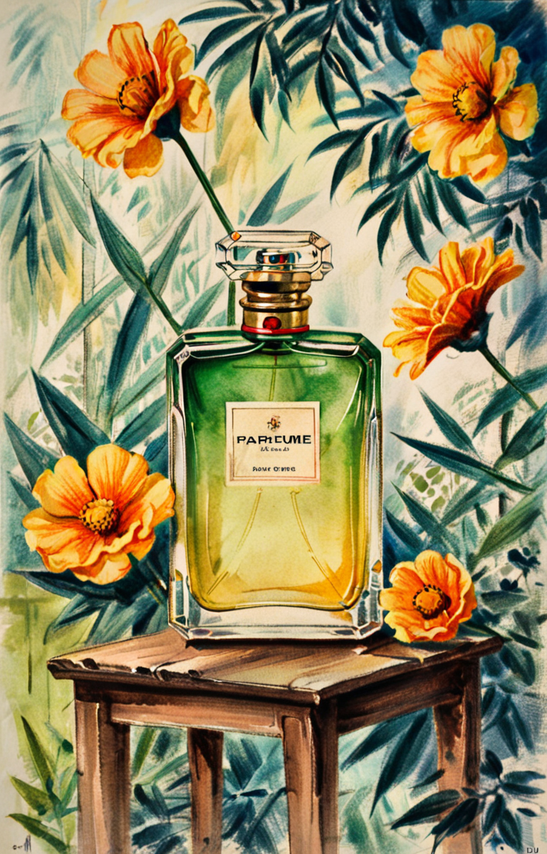 masterpiece,best quality,<lora:tbh4-sdxl:0.9>,illustration, A bottle of perfume in garden