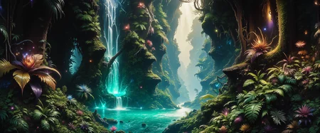 highly detailed mystical realism oil painting in the style of johan christian dahl and maurice sapiro, ancient, dark jungle brimming with life, an enchanted forest hidden deep in mystery, in the foreground, large, otherworldly plants with vibrant, exotic leaves and gorgeous outlandish flowers edge a glowing azure pool, lush layers of vegetation framing the waterfallâs base, dark shadows fill the corners, the center scene features a narrow, bioluminescent waterfall cascading down a rugged, multi-tiered cliff, its gentle glow casting a faint blue-green light, thick, emerald moss covers the cliff, hinting at untold ages, in the background, the dense foliage extends into the shadows, punctuated by faint glows from hidden recesses, suggesting unseen life, a medium-wide shot with slight overhead perspective, capturing the waterfall, pool, and dense jungle foliage in a balanced, layered composition, dynamic chiaroscuro lighting, with warm dappled light filtering through the thick jungle canopy, soft, ethereal glow around the waterfall and pool, faint reflections off the vibrant plants, intricate textures and shadow detail, soft interplay between deep green shadows and luminous highlights, painting-quality detail, realistic contrasts, and rich color gradations, eccentric and exotic scenery, in the style of ck-ovf, <lora:faetastic_details-flux-by_faeia:0.92> <lora:style-oneviolentfantasy-ep21-flux-by_chronoknight:0.92>