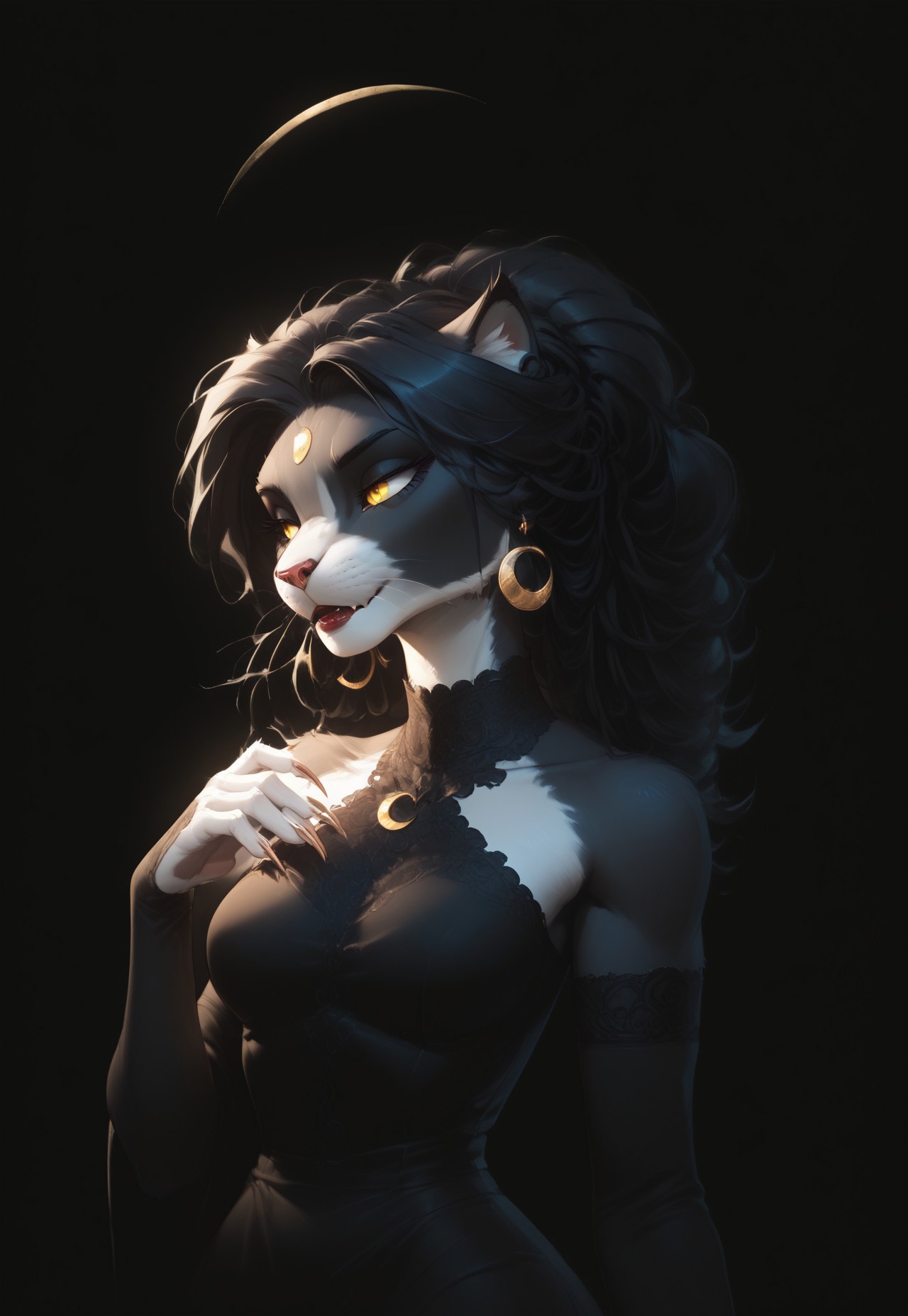 (Blend_in, black background), score_9, score_8_up, score_7_up, (high contrast, sidelightning, upper body), beautiful, 1girl, solo, Ember (ESO), Feline, Furry, Anthro, black and white fur, yellow eyes, crescent moon earrings, lace choker band, matte red lips, black evening dress, lace-trimmed elbow gloves, black clothes, bare shoulders, looking away, hand up, sharp nails