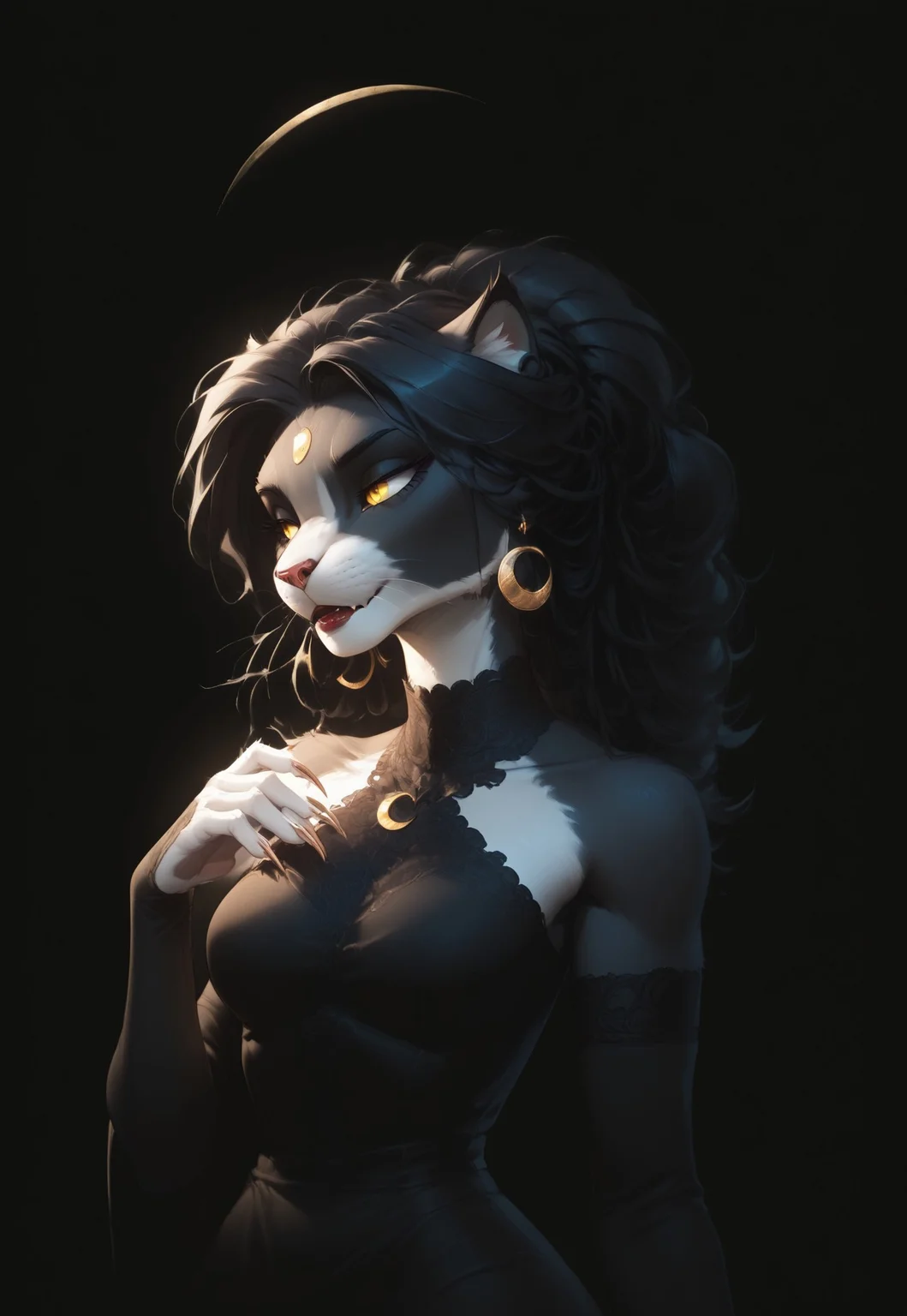 (Blend_in, black background), score_9, score_8_up, score_7_up, (high contrast, sidelightning, upper body), beautiful, 1girl, solo, Ember (ESO), Feline, Furry, Anthro, black and white fur, yellow eyes, crescent moon earrings, lace choker band, matte red lips, black evening dress, lace-trimmed elbow gloves, black clothes, bare shoulders, looking away, hand up, sharp nails