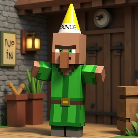 villager_mc, green robe. cone hat that reads dunce,
In the quiet corners of the Minecraft world, villagers live simple yet mysterious lives, their origins lost to ancient memory. Long before players ever arrived, these blocky folk built their scattered settlements from wood, stone, and faith in the old ways. Each villager, with their distinctive green eyes, broad noses, and solemn, blocky frames, carries on traditions passed down through countless seasons — farming, trading, and crafting the essentials of survival. They rarely speak, instead communicating through gestures and knowing looks, as if guarding ancient secrets about the world’s creation. Legends whisper that villagers were once great architects and scholars, who, after a forgotten cataclysm, chose a life of humble isolation. Their villages, cradled between mountains, forests, and plains, pulse quietly with life, protected by iron golems and bound by an unspoken pact with the land itself — to endure, to trade, and to remember.