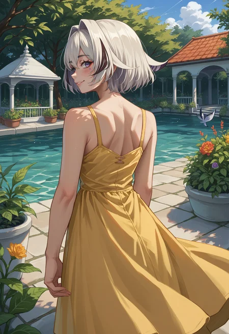 score_9, score_8_up, source_anime, 1girl, solo, KiliaKurayami, streaked hair, short hair, hair intakes, facial mark, fish tail, from behind, yellow sundress, garden, day, sunshine, smile, looking back, <lora:ChamKiliaKurayamiPonyXL:1>