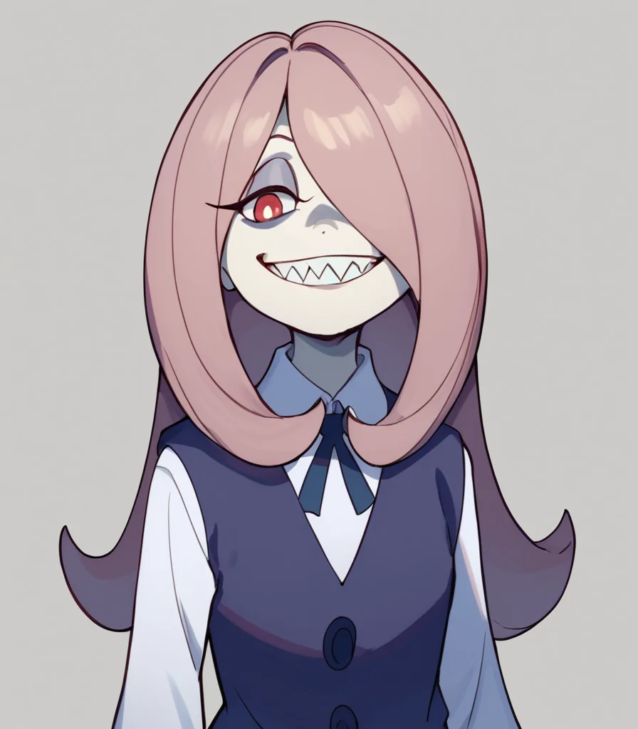 <lora:Sucy_Manbavaran_Little_Witch_Academia__-_Pony:1> , sucymanbavaran, hair covering one eye, luna nova school uniform, school uniform, red eyes, mauve hair, looking at viewer, cute, pinup, 1girl, solo, simple background, looking at viewer, cowboy shot, sharp teeth, evil grin,, score_9, score_8_up, score_7_up,