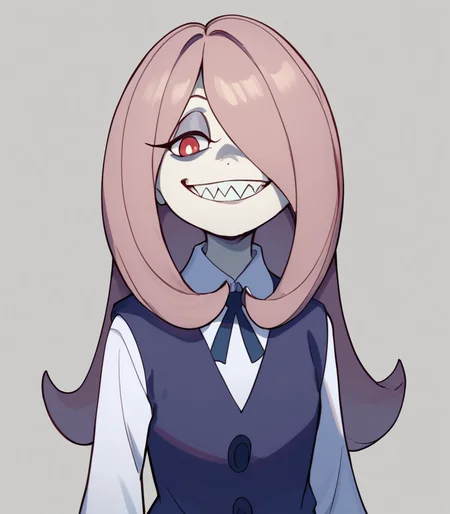 <lora:Sucy_Manbavaran_Little_Witch_Academia__-_Pony:1> , sucymanbavaran, hair covering one eye, luna nova school uniform, school uniform, red eyes, mauve hair, looking at viewer, cute, pinup, 1girl, solo, simple background, looking at viewer, cowboy shot, sharp teeth, evil grin,, score_9, score_8_up, score_7_up,
