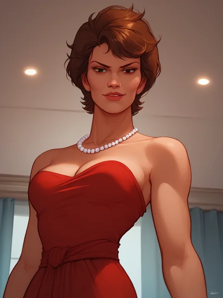 score_9, score_8_up, score_7_up,  1girl, solo <lora:Lady_Jaye_RAH_Pony:1> ladyjaye, rah, short hair, brunette, lips, red dress, cleavage, bare shoulders, smug, looking down, pearl necklace, inside, ((pushing up breasts))