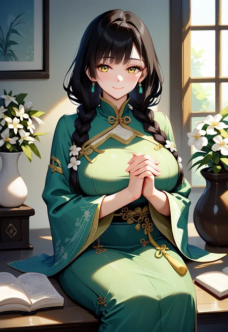 score_9, score_8_up, score_7_up, score_6_up, source_anime, <lora:CKS 0.2v:1>, cksxin,
1girl, solo, book, sitting, jewelry, braid, earrings, black hair, chinese clothes, looking at viewer, long sleeves, indoors, flower, smile, yellow eyes, bangs, plant, wide sleeves, hair over shoulder, white flower, twin braids, long hair, closed mouth, potted plant, own hands together, window, open book, lattice, hands on lap, pillow, sunlight, feet out of frame, vase, light particles, day, food, cozy green theme, dark green, large breasts, vintage dress \(module\),
