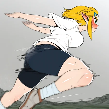 N4RUT0RUNv1, score_9, score_7_up, 1girl, Princess Zelda, green eyes, blonde hair, sidelocks, serious facial expression, eyebrows, white t-shirt, sweaty, buruma, black buruma, dynamic, motion lines, blur, white shirt, view from below, running, arms behind back, large breasts, embarrassed, shy, shiny skin, sweat,