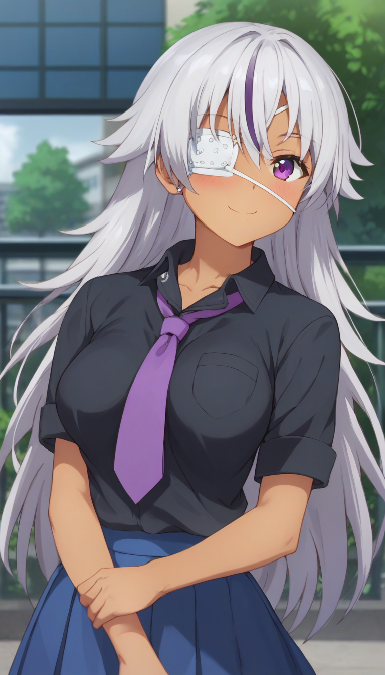 score_9,score_8_up,score_7_up,score_6_up BREAK official art,solo,outdoors,upper body,(portrait:1.5),looking at viewer,facing viewer,smile,blush,dark-skinned female,Murasame Shiho,very long hair,grey hair,hair between eyes,parted bangs,purple eyes,eyepatch,collarbone,school uniform,black shirt,collared shirt,purple necktie,short sleeves,medium breasts,skindentation,miniskirt,blue skirt,pleated skirt,white socks,loafers,<lora:Murasame Shiho(dhh)-Pony:1.6>,