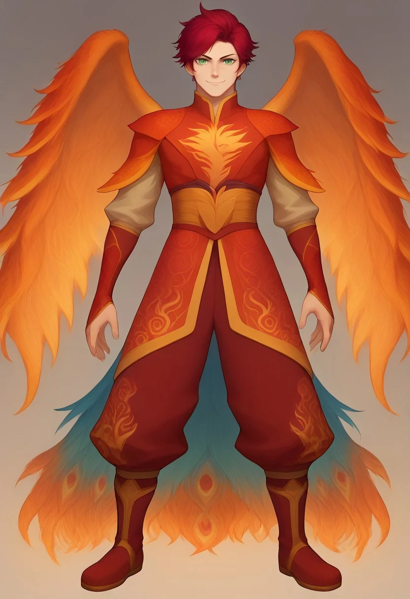 score_9, score_8_up, score_7_up, 8k, best quality, charturnerv2, sz4d3k, 1boy, even skin tone, cell shaded, male focus, indirect lighting, detailed face, detailed eyes, detailed, Expressiveh, adult male, Suzaku, red hair, green eyes, Phoenix garb, red pants, Peacock tail, boots, smile, solo, alone, full body, wings of fire, f1r3wings, fire, fighting stance, standing,