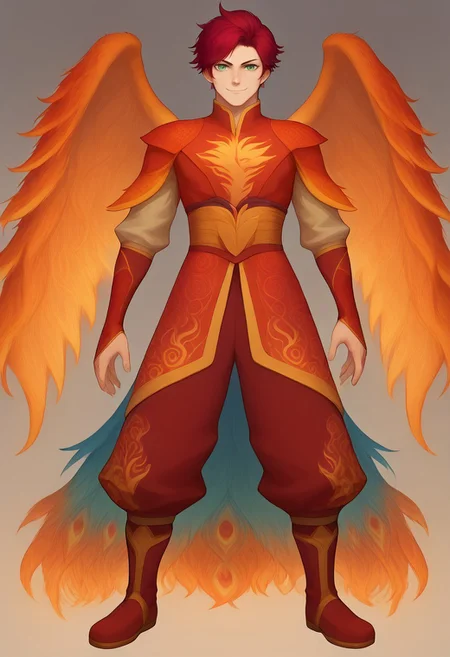 score_9, score_8_up, score_7_up, 8k, best quality, charturnerv2, sz4d3k, 1boy, even skin tone, cell shaded, male focus, indirect lighting, detailed face, detailed eyes, detailed, Expressiveh, adult male, Suzaku, red hair, green eyes, Phoenix garb, red pants, Peacock tail, boots, smile, solo, alone, full body, wings of fire, f1r3wings, fire, fighting stance, standing,