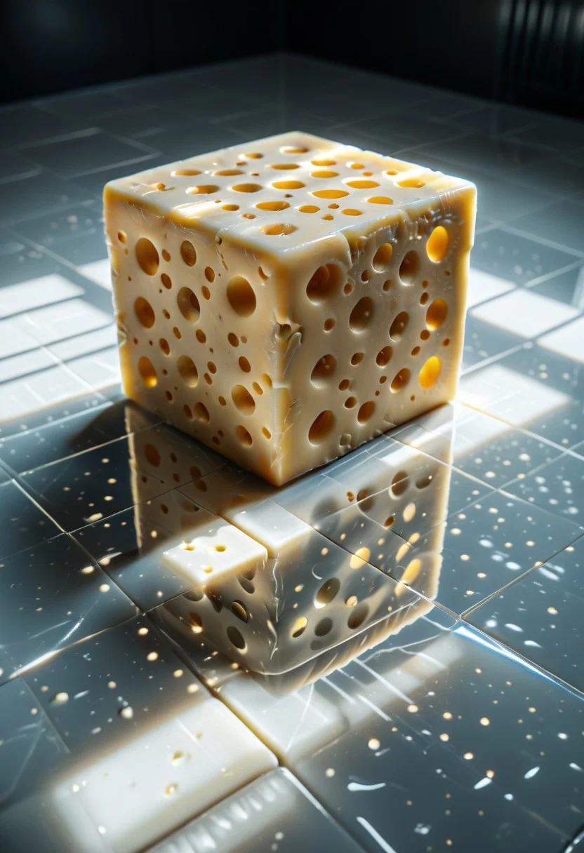 lazypos, Cheese style, cube made of cheese, reflective white floor,