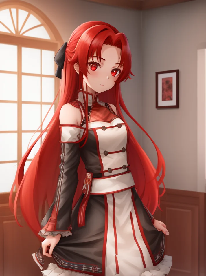 1girl, tiese, red eyes, red hair, solo, portrait, looking at viewer, best quality, high quality, highly detailed, highres, masterpiece, <lora:tiese:0.75>