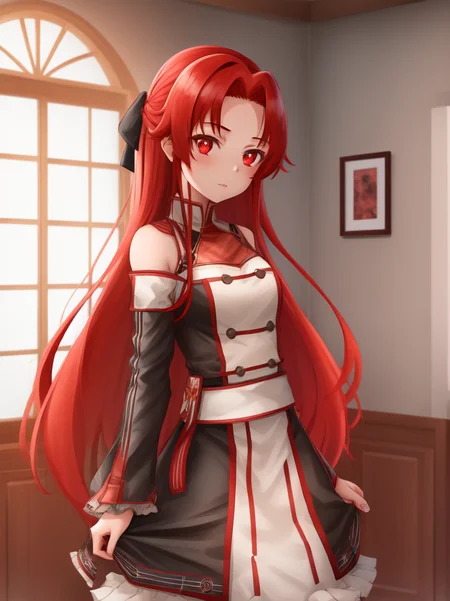 1girl, tiese, red eyes, red hair, solo, portrait, looking at viewer, best quality, high quality, highly detailed, highres, masterpiece, <lora:tiese:0.75>