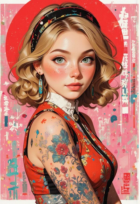 score_9, score_8_up, score_7_up, realistic, elle, cute, petite, (big beautiful eyes:1.2), gorgeous girl, cute face, 18yo, blue eyes, freckles, blonde, medium length hair, medium breasts, earrings, cute smile, breathtaking beauty. Japanese woman. Girl posing. Ink, abstract, punk collage, graffiti, kanji characters, glitch effect. Surrealism, expressionism. resistance. simple details, masterpiece, best quality. Full body, pink, red and white color palette. soft lighting. by Franz Marc and Max Ernst.looking at the viewer, Elle, Midjourney style, Anime art, dream bubble, Be_luminous