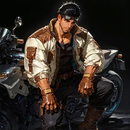 <lora:Minario__Alchemist_Code-000004:.75> tagatameminario, minario_black hair, minario indigo eyes, 1boy, short hair, goggles, solo, male focus, manly, mature male, bara, muscular male, jacket, shirt, belt, pants, gloves, boots, motor vehicle,
short hair, male focus, muscular male, muscular male, bara, mature, (hairy body, hairy, body hair, glossy skin, bara, mature, facial hair, beard, full beard, sideburn, mustache, stubble), facial hair, bara, mature, body hair, aixiwuganda_(20222192), very awa, masterpiece, best quality, absurdres, newest, perfect quality, detailed background, intricate details,, <lora:slider_Body Type_alpha1.0_rank4_noxattn_last:3><lora:Anime Summer Days 2 Style SDXL_LoRA_Pony Diffusion V6 XL:.6><lora:merged:.7>, DARK, DARK BACKGROUND, LOW-KEY LIGHTING <lora:slider_cfg_scale_boost:.7><lora:Artist6p:.55>, Artist6p, Artist04p,<lora:slider_il_contrast_slider_d1:-.25>,<lora:slider_contract_controller_illus01_v1:.3>, <lora:addon_illustriousXLv01_stabilizer_v1.121:.5>,<lora:Heavenly_Beauty_r1:1>, (heavenlybeauty,)<lora:slider_style_strength_controller_illus01_v1:.25>