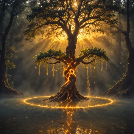 hyper detailed, water horizon, divine tree emerges from water, encircled tree, spiral , golden glow, golden lake,  golden dust, sparkles, glitter
midjourneyv6.1, nutcracker