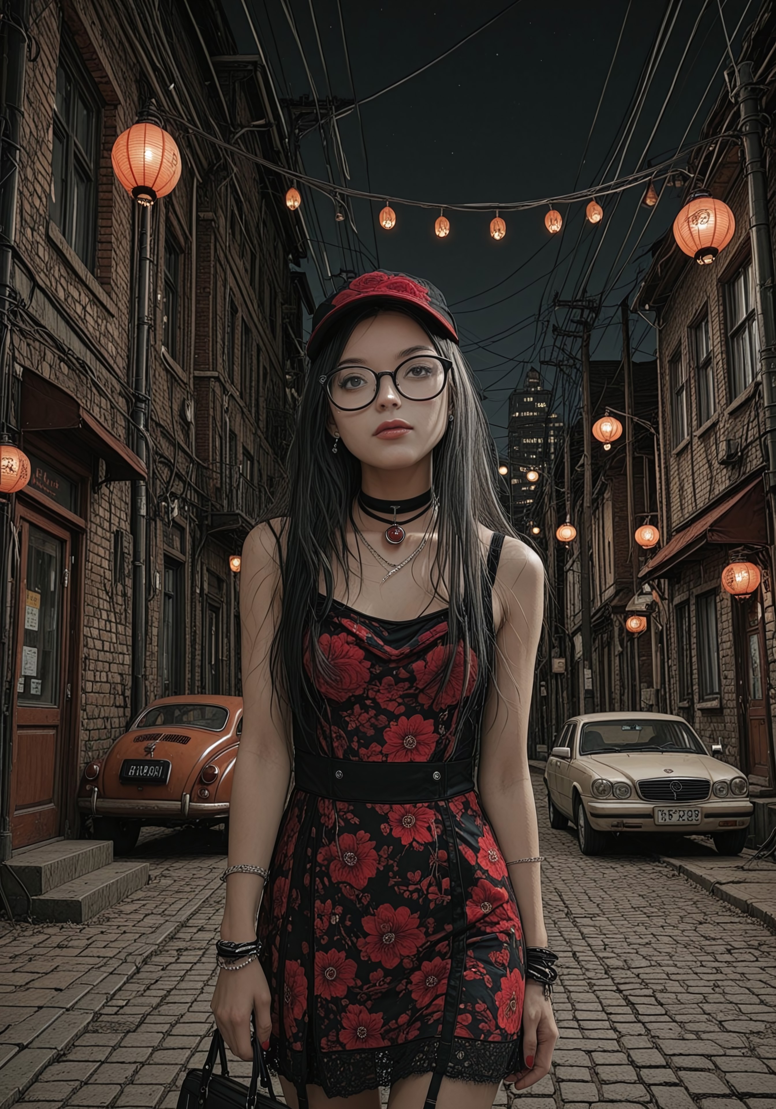 (((ultra detailed, masterpiece, high quality,  )))
, 
((( Nicialmb2, outdoors, scenery, building, night, dark, road, street, alley, city,))
,
((( Window, lamppost, lantern, ground vehicle, motor vehicle, car, power lines, )))
,
((( Rosalinmb2, long hair, black hair, glasses, jewelry, choker, hat, floral print)))
,
((( 1girl, solo, posing, head tilt)))
,
((( )))
,
((( )))
,
((( )))