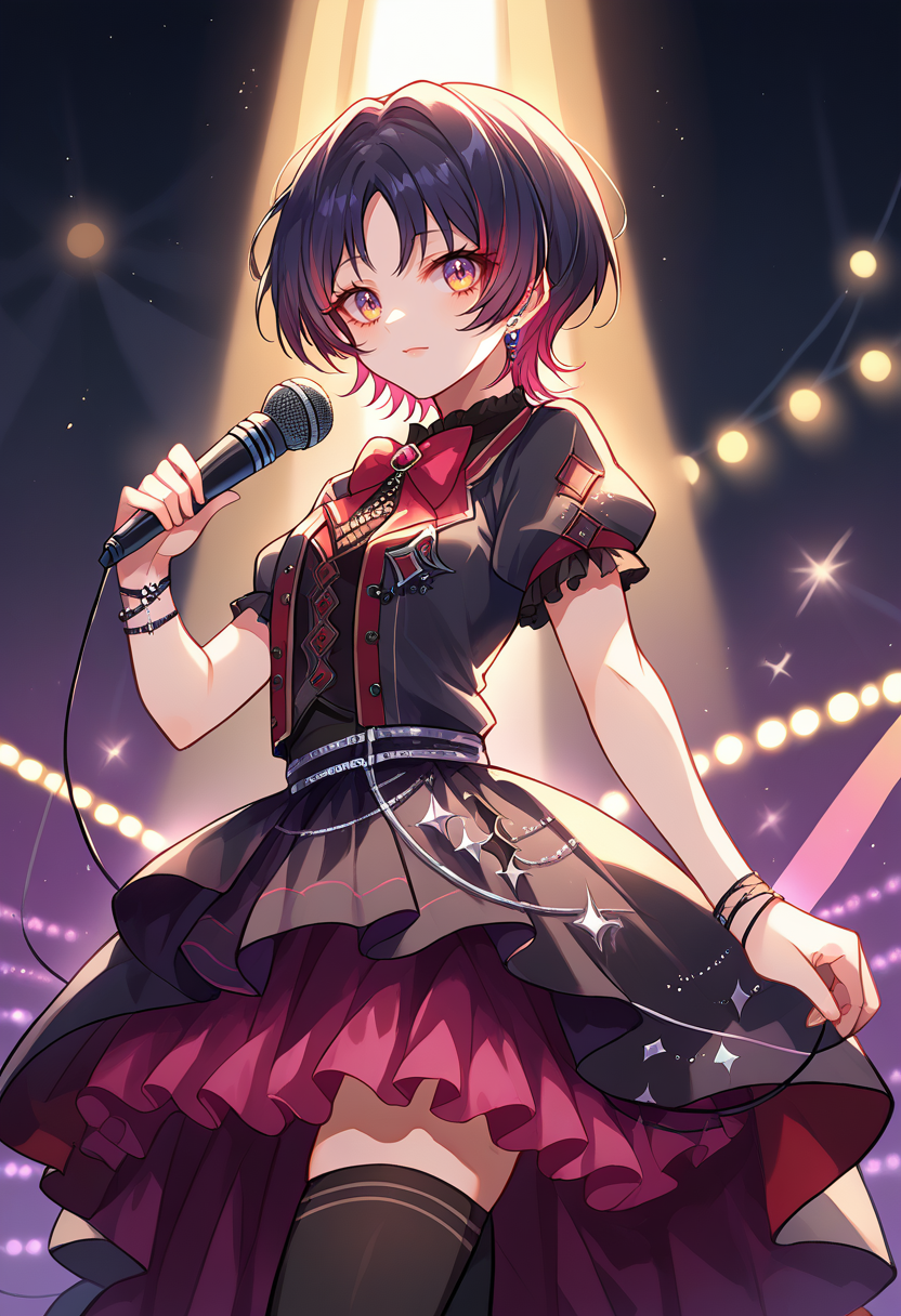 score_9, score_8_up, source_anime, 1girl, solo, KisaragiRen, multicolored hair, short hair, parted bangs, idol, idol uniform, bowtie, skirt, brooch, dress, concert, on stage, frilled skirt, jewelry, layered dress, short sleeves, midriff, thighhighs, microphone, holding microphone, stage lights, <lora:ChamKisaragiRenPonyXL:1>